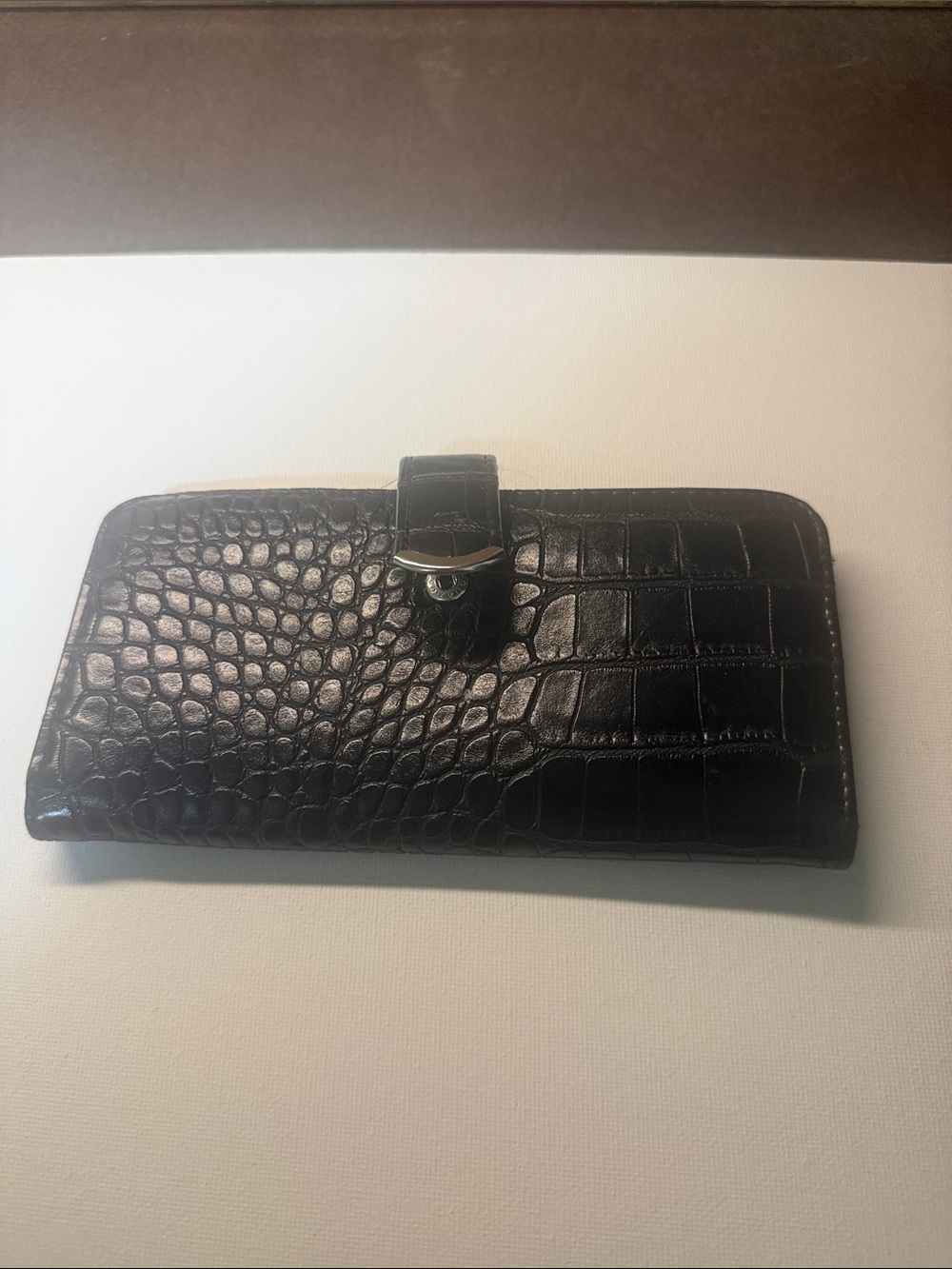 Black Croc Embossed Long Wallet Zip Pocket Card Holder